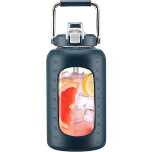 WINSA 84 oz Glass Water Bottles with Straw, 2.5 Liter Gallon Drinking Bottle with Handle, Large Glass Water Jug with Silicone Sleeve for Gym Sports,Wide Mouth, Dark Blue