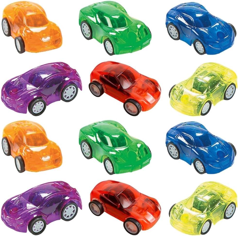 Fun Express Transparent Pullback Cars Set - Assorted Toy Vehicles Cars Boats & Racers for Kids - Perfect Playtime Birthday Parties Party Favors Gifts & Collecting - Colorful & Engaging Fun - 12 Pieces