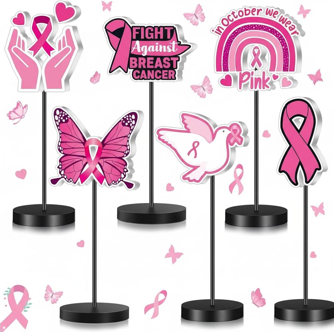 Wenqik 6 Pcs Breast Cancer Awareness Decorations Standing Table Centerpieces Pink Ribbon Wooden Table Signs Fight Breast Cancer Party Supplies Pink Ribbon Decor for Charity Survivor Favors