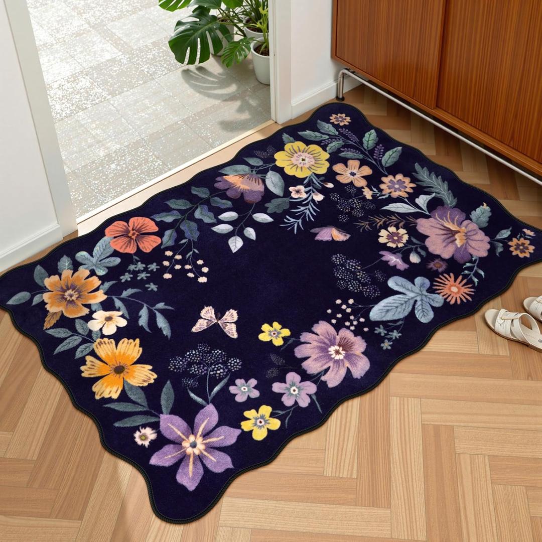 Lahome Floral Entryway Rug, 2X3 Washable Kitchen Rug Non-Slip, Ultra-Thin Soft Door Mat Indoor Entrance Stain Resistant Boho Small Throw Carpet for Bathroom Bedroom Flore (2x3ft,Purple)