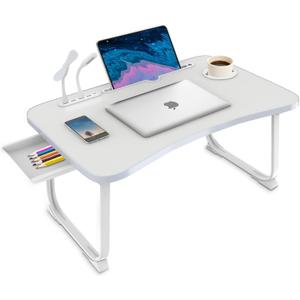 Fayquaze Laptop Bed Desk, Portable Foldable Lap Bed Table with USB Charge Port Storage Drawer and Cup Holder,Lap Desk Laptop Stand Tray Table Serving Tray for Eating, Reading and Working (White)