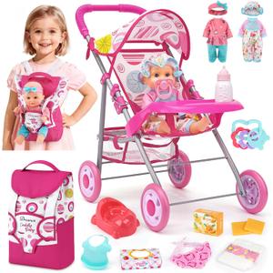 Baby Doll Stroller Set with 12.5" Doll, Baby Dining Table, Backpack with Carrier, 21 PCS Baby Doll Accessories Stroller Toys, 2 Sets Doll Clothes, Feeding Set Girls Toddlers Gifts for Pretend Play