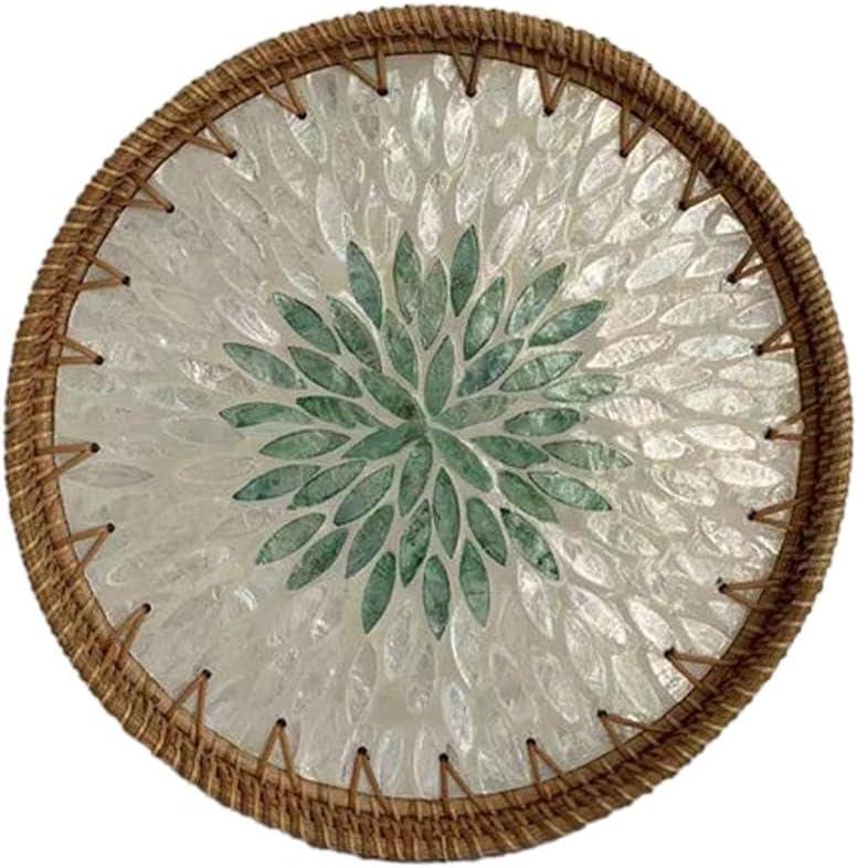11.8'' Round Rattan Serving Tray with Mother of Pearl Inlay - Handmade Boho Style Ottoman Coffee Table Tray for Outdoor and Farmhouse Decor (Colourful)