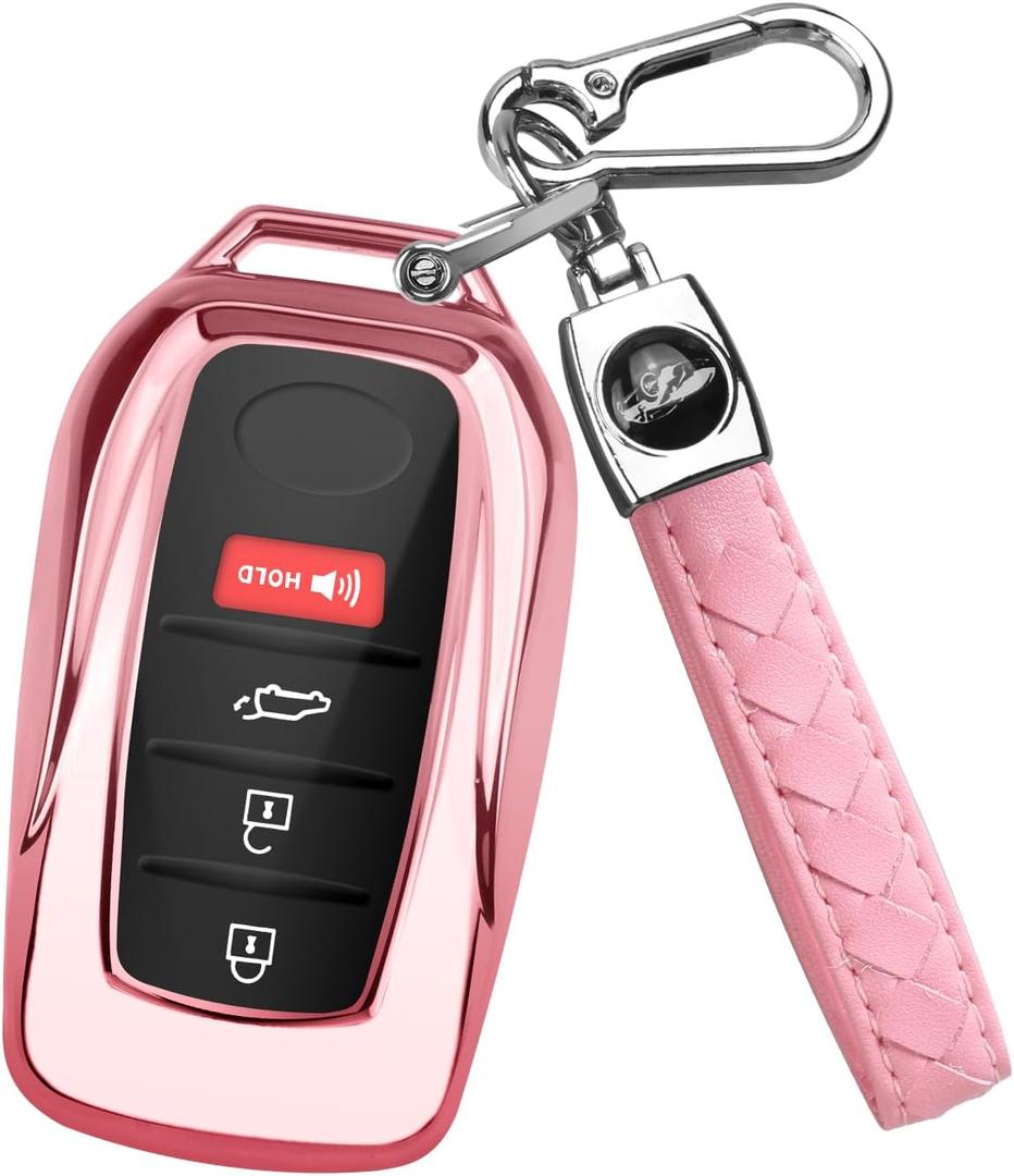 QBUC for Toyota Key Fob Cover with Keychain, Fit for Toyota Venza Corolla Cross Grand Highlander Tundra RAV4 Prime Prius Land Cruiser Sequoia Sienna Crown Tacoma 2025 Camry (Pink)