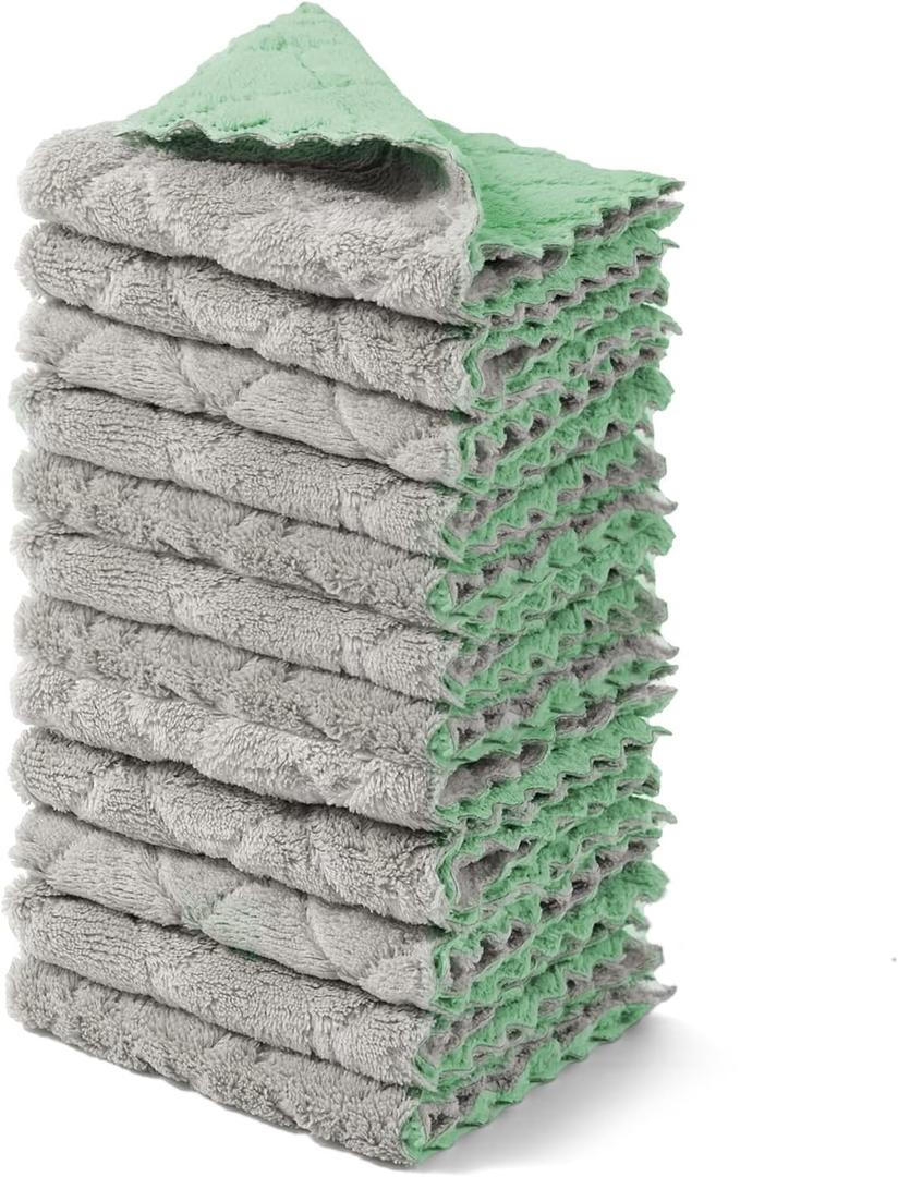 kimteny 12 Pack Dish Towels, 10x10 in Premium Dish Cloths, Super Absorbent Kitchen Towels Coral Velvet Dishcloths Nonstick Oil Fast Drying Washcloths (Green-Grey)