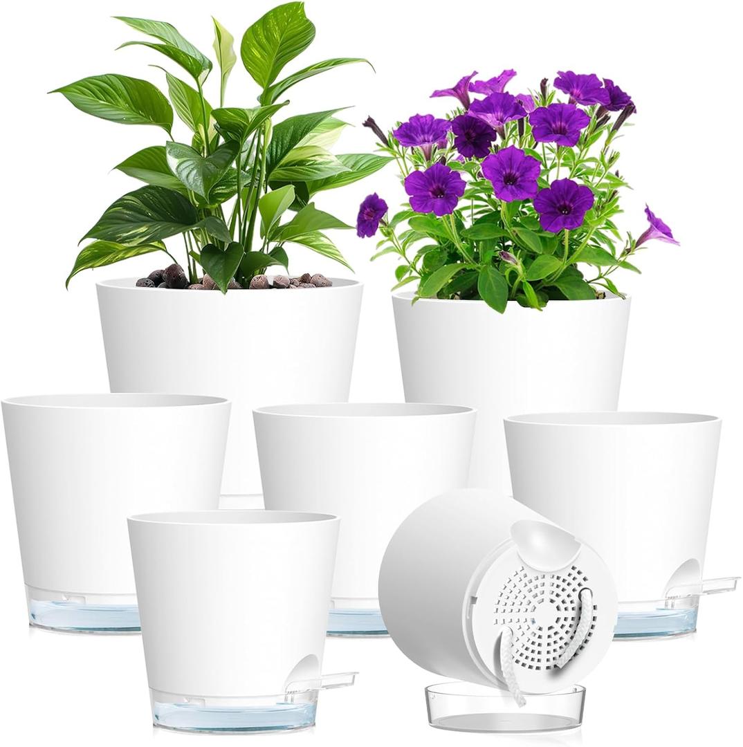 Meowell Self Watering Pots Set of 7 Assorted Size 4" to 8" Indoor Plant Pots with Drainage Holes and Clear Reservoir for Visible Water Level, Plastic Wicking Planter for House Plants & Flower, White