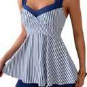 B2prity Tankini Swimsuits for Women Tummy Control Two Piece Modest Bathing Suits Floral Skirt Top with Boyshorts (Medium, Navy Blue Stripe)
