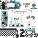 Two Fast Birthday Decorations, 2nd Birthday Decoration for Boys, Race Car Party Supplies for 2 Year Old with Balloon Garland Backdrop Tablecloth Box Crown Cake Topper