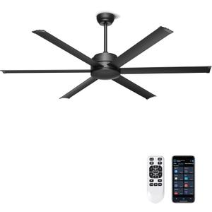 Ohniyou 60" Ceiling Fan No Light - Industrial Fan Remote & APP Control, Quiet DC Motor, Indoor/Outdoor Ceiling Fan for Patio, Shop, Garage, Aluminum Blades, Black