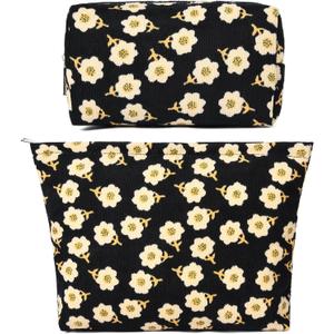 SOIDRAM 2 Pieces Flower Makeup Bag Large Cosmetic Bag Capacity Canvas Mix Travel Toiletry Bag Organizer Cute Makeup Brushes Aesthetic Accessories Storage Bag for Women, Flower Mix Black