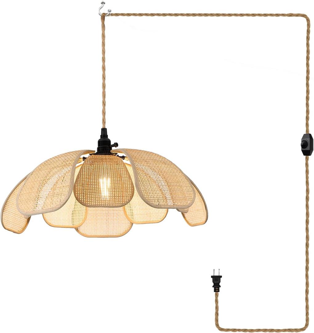 20 Inch Boho Flower Chandeliers for Dining Room Farmhouse Rattan Pendant Lights Girl Chandelier Hand Woven Bedroom Light Fixture Dimmable Plug in Hanging Lamp for Kitchen Island