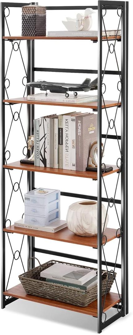 VECELO Folding Bookshelf 5-Tier,Industrial Metal Frame & Wood Shelves,Foldable Bookcase Easy Assembly Free Standing Tall Storage Organizer for Living Room,Office,Bedroom (1 Set, Rustic Brown)