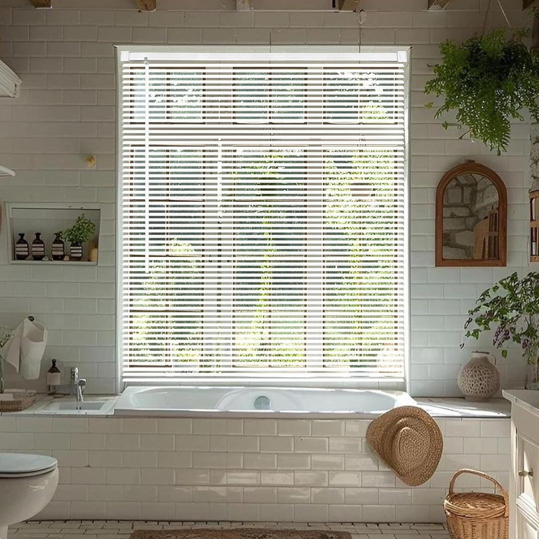 Cordless Vinyl Mini L Blinds 47" W x 72" H, 1" Slat White Horizontal Windows L Blind for Door, Shades, Camper, Light Filtering, Interiors, Arrive 1/2 Inch Narrower Indoor