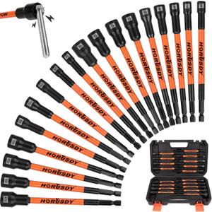 HORUSDY 18Pcs Nut Driver Set SAE and Metric, Impact Magnetic Nut Driver for impact drill, 6 Inch Extra Long Nut Drivers, Cr-V Steel 1/4" Hex Shank Quick Change, with Storage Case