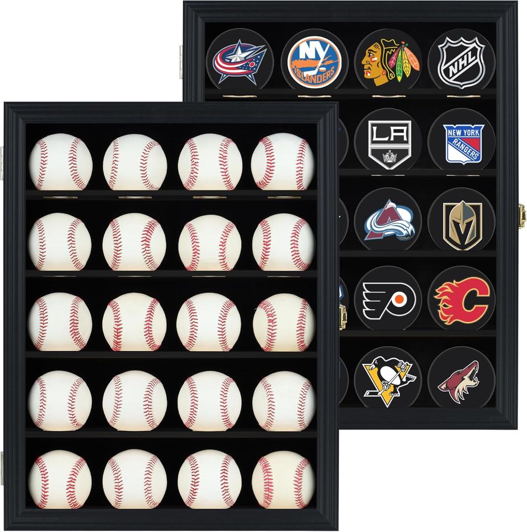 Hockey Puck Display Case Shadow Box Wall Cabinet (Pucks not inlcuded), UV Protection Door (Black)