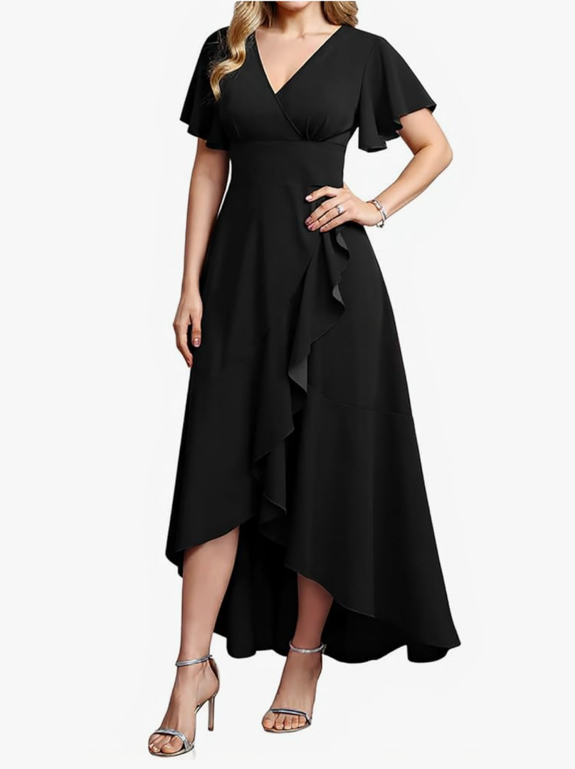 MisShow Long Formal Dresses for Women Elegant V Neck Wrap Ruffle Cocktail Wedding Guest Dress Evening Party Gown, L