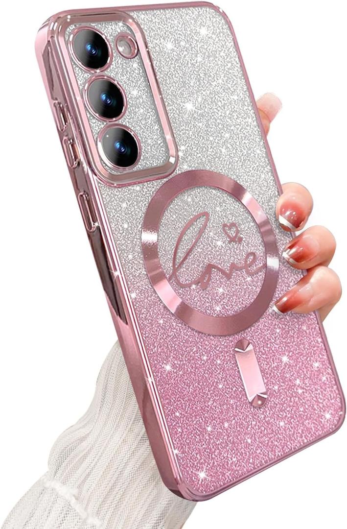 ZONRW for Samsung Galaxy S23 Plus Case Magnetic,for Women Girl Soft Cute Luxury Love Heart Plating Bling Gradient Glitter Phone Case Compatible with MagSafe Clear Shockproof Back Cover 6.6-Pink
