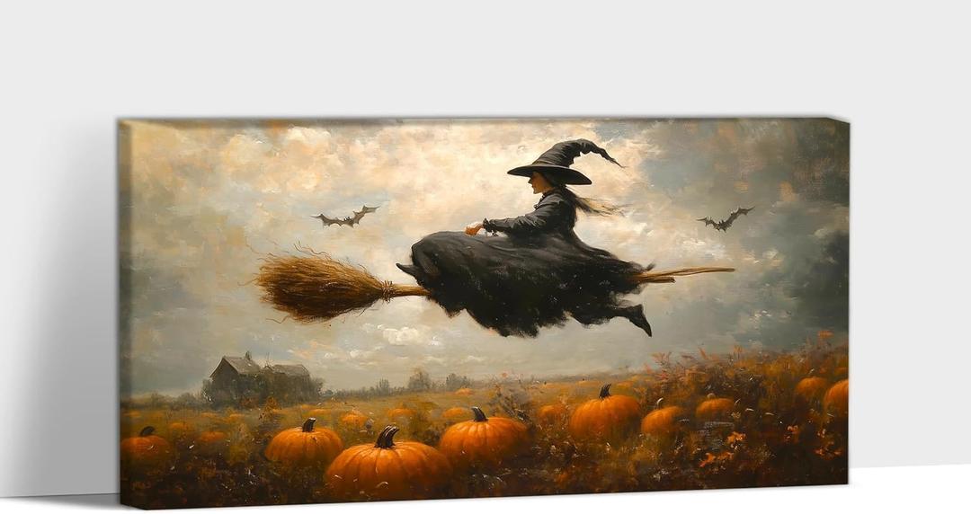 ANRUOXI Witch Halloween Pictures Wall Decor, Framed Witch Halloween Canvas Wall Art Poster Prints Painting Artwork for Living Room Hallway Mantel Bedroom Bathroom Ready To Hang 12x24''