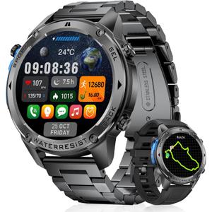 GPS Smart Watch for Men Military Rugged Smartwatches,Compass,50M Waterproof, 500mAh Large Battery,Answer/Make Call, 1.43" AMOLED Screen, Compatible for Android iOS (2 Bands) Black