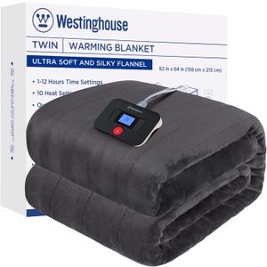 Westinghouse Electric Blanket Twin Size, Super Cozy Soft Flannel 62" x 84" Heated Blanket with 10 Fast Heating Levels & 1-12 Auto-Off, Machine Washable, ETL&FCC Certification, Charcoal