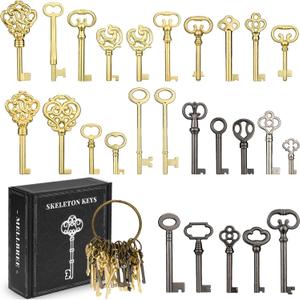 Skeleton Key Set, 26-Key Universal Replacement Skeleton Keys Kit for Antique Dresser, Chinese Cabinet, Antique Furniture and Old Style Cabinets or Doors, Collectible Gift (1.2-3.2inchs, Gold/Silver/Black)