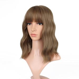 VCKOVCKO Light Brown Curly Bob Wig With Air Bangs Natural Curly Wavy Short Bob Wigs Women's Shoulder Length Wigs Synthetic Cosplay for Girl Colorful Wigs, (12",Light Brown)