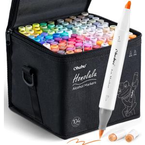 Ohuhu Alcohol Markers Brush Tip- 104-color Double Tipped Alcohol Based Art Marker Set for Artists Adults Coloring Illustration- Honolulu of Ohuhu Markers- Dual Tip Brush & Chisel- Refillable