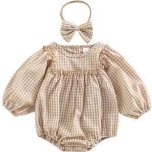 Douhoow Infant Baby Girl Plaid Romper Baby Sweatshirt Romper Ruffle Festival Clothes Fall Winter Outfits with Headband (3-6 Months)
