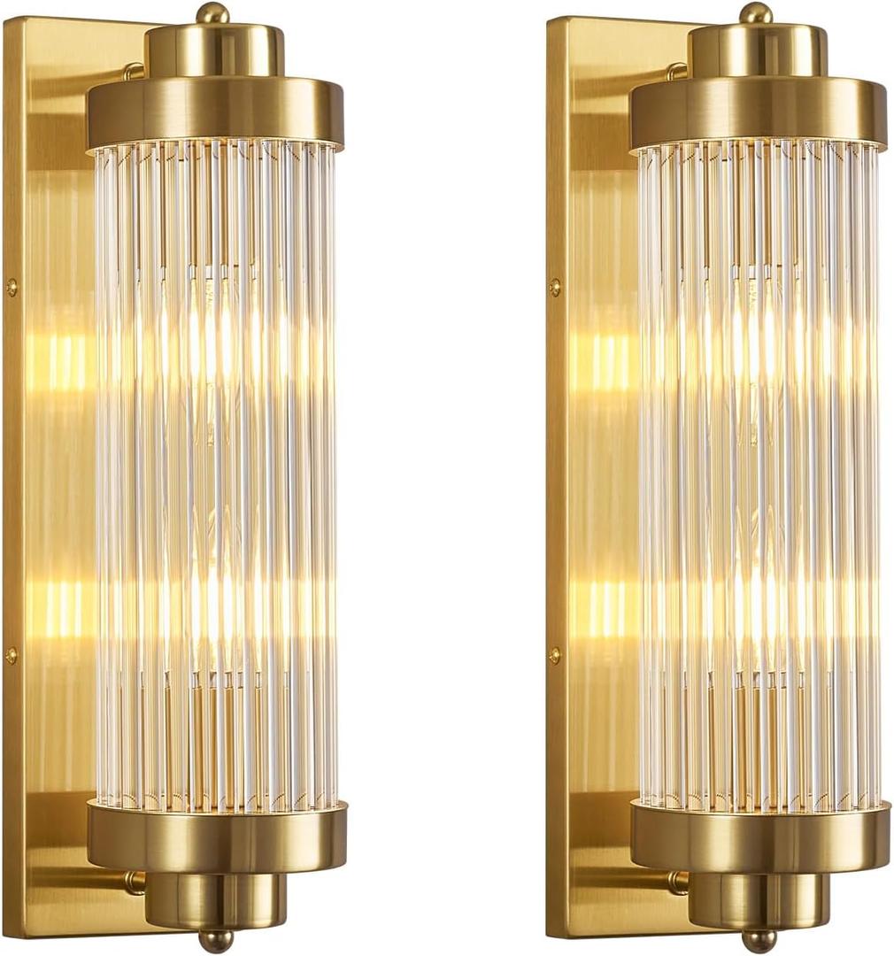 Gold Wall Sconces Set of Two with Crystal Glass Strip Bathroom Sconces Modern Wall Lights for Bedroom Living Room Hallway Wall Light Fixtures, 2 Light E12 Base (15.74 in High)