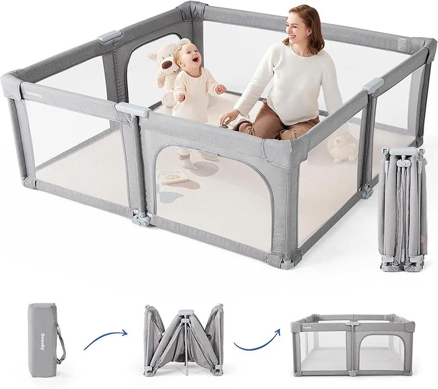 Sweeby Baby Playpen, 59x59 Inch Baby Gate Foldable Playpens for Babies and Toddlers, Extra Large Playpen with Door Play Yard for Baby Fence Indoor and Outdoor Play Pen, Grey
