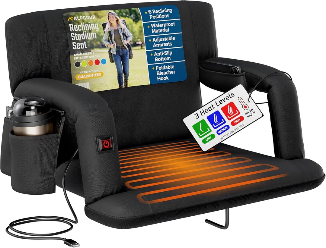 Alpcour Heated Reclining Stadium Seat for Bleachers Wide Bleacher Chair with Back Support and Cushion, Armrests, Side Pockets, & Hook Stadium Seats Chairs for Camping, Kayak, Paddle Board & More (Black) Size: 21" Wide
