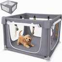 Puppy Play Pen for Indoors with Top Cover, 42" x 42" x 25", 8 Chew Toys | Dark Grey, 42" fabric dog playpen with top cover, exterior zippers, breathable mesh, four zippered sides, and 8 chew toys.