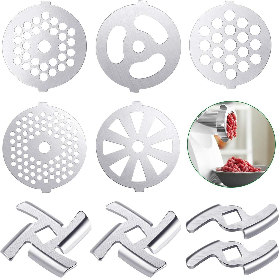 Mudder 9 Pieces Meat Grinder Blades Plate Discs Stainless Steel Food Knife Cutter Meat Grinder Replacement Parts for Size 5 Stand Mixer Accessories