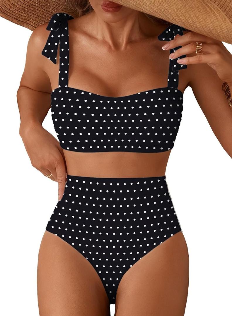 Herseas Women's 2 Piece Black Bikini Sets Modest High Waisted Adjustable Tie Shoulder Push Up Swim Suits 2026 Summer Vintage Ladies Bathing Suits Casual Resort Wear Black Polka Dots Large