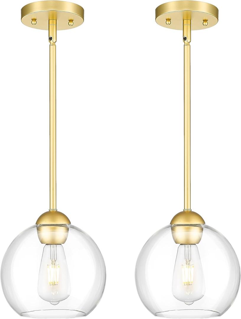 Emak 2 Pack Gold Pendant Light Fixtures, 8 Inch Globe Pendant Lights Kitchen Island with Clear Glass, Modern 1 Light Pendant Lighting for Kitchen, Bedroom, Bathroom, PL121-GD-2PK