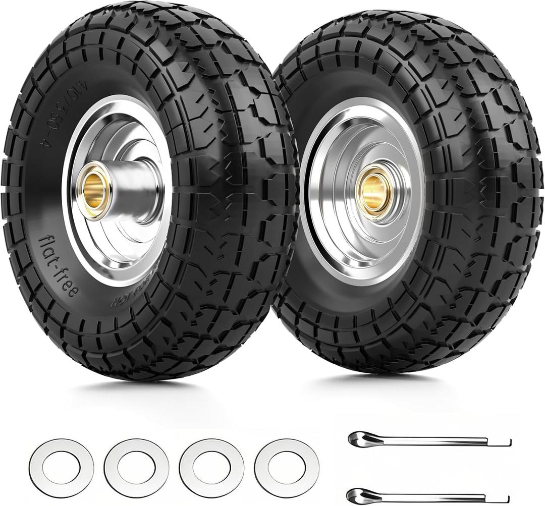 4.10/3.50-4 Flat Free Tire and Wheel, 2 Pack 10" Solid PU Heavy Duty Tires with 300LB Load Capacity, 5/8" Axle Bore Hole & 2.2" Offset Hub for Wagon Dolly Garden Cart Wheelbarrow Parts