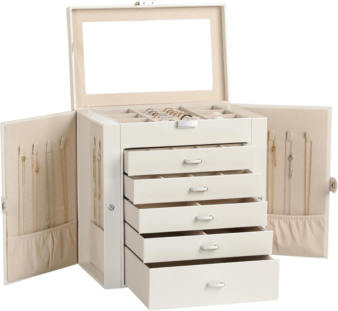Frebeauty Large Jewelry Box,6-Tier PU Leather Jewelry Organizer,Multi-functional Storage Case with Mirror,Accessories Holder with 5 Drawers for Necklace Bracelets Watches(Pearl White)