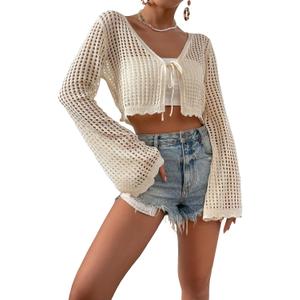 SHENHE Women's Crochet Cardigan Tie Front Tops Boho Bell Long Sleeve Lightweight Cover Up (Beige, M)