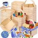 77 Pcs/30 Sets One Pint Wood Berry Basket with Handle with Blueberry Stickers and Blue Gingham Ribbon 4" Small Gifts Baskets for Garden Picking Fruit Crafts Birthday Wedding Decoration
