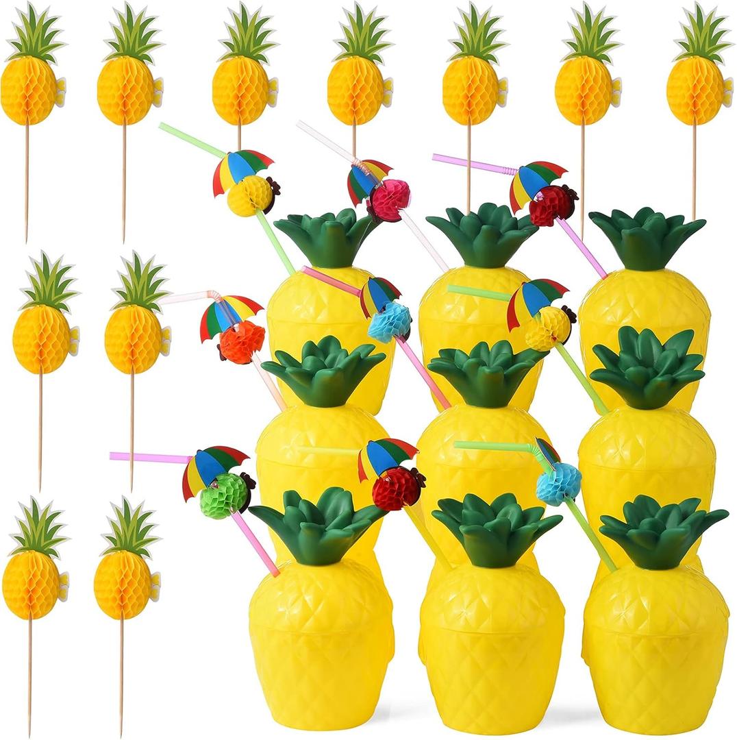 ALINK 12 Pineapple Cups with 12 Umbrella Straws and 12 Cocktail Drink Picks, Hawaiian Luau Tiki and Beach Party Decorations for Kids and Adults
