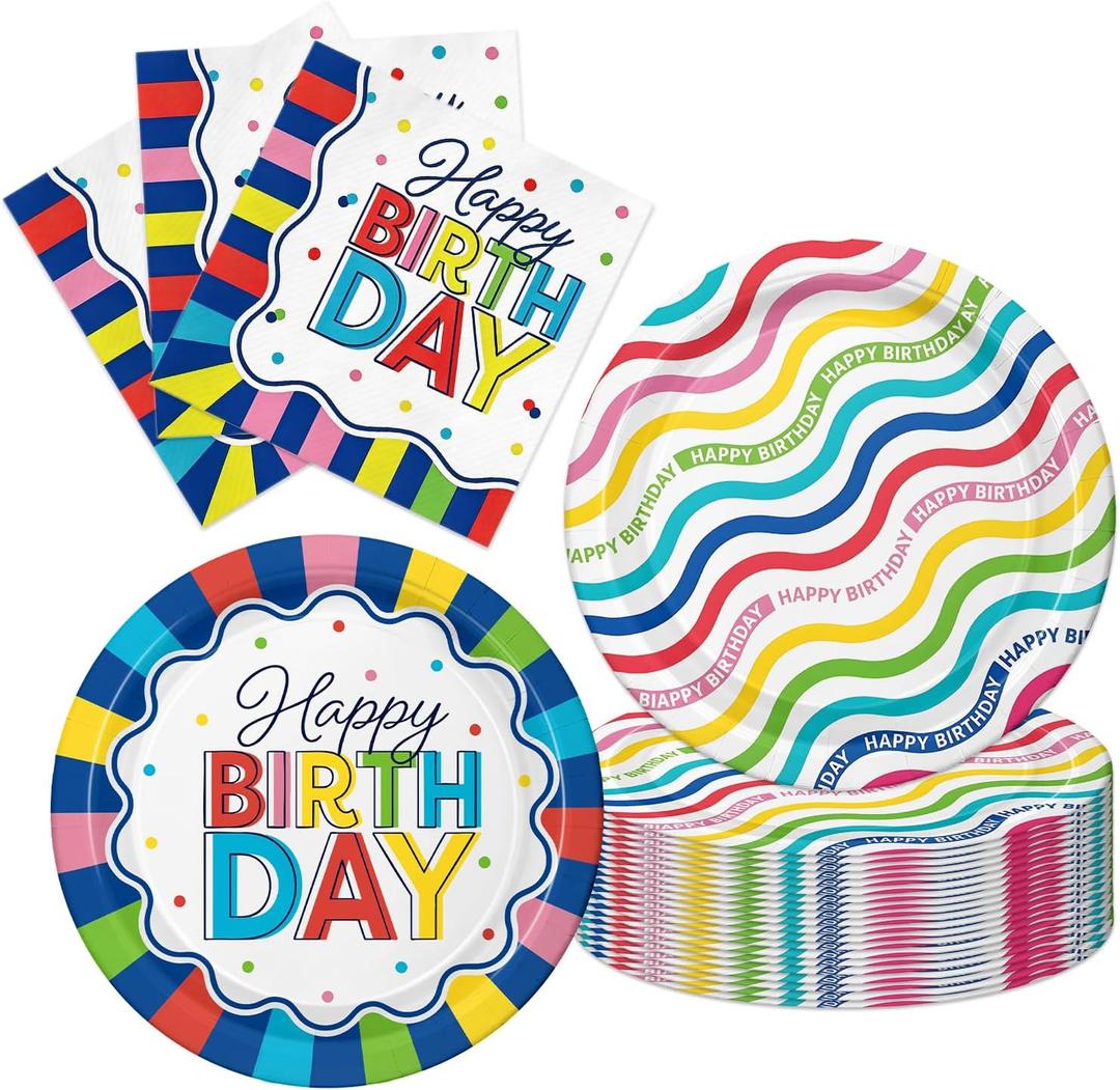 Colorful Happy Birthday Party Supplies, Vibrant Stripe Disposable Tableware, 40Pcs Rainbow Wave Birthday Plates and Napkins for Kids Birthday, Baby Shower, Baptism, Rainbow Themed Party Decorations