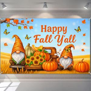 2 x Fall Gnome Backdrop Happy Fall Yall Pumpkin Sunflower Cotton Rustic Red Truck Banner 71x43 Inches Autumn Harvest Background for Thanksgiving Farmhouse Indoor Outdoor Party Decoration