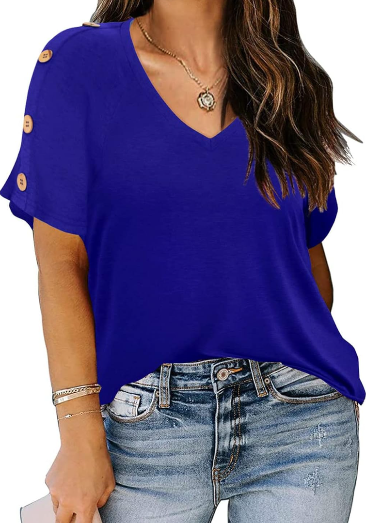 TIYOMI Plus Size Tops for Women Ruffle Shirts Button Short Sleeve Summer V Neck Tunics Blue 3XL