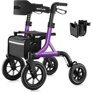 MAXWALK Walkers for Seniors, Rollator Walker with Seat, 12" Big Rubber Wheels All Terrain Rollator Walker with Backrest, Built-in Cable, Cup Holder, Foldable and Height Adjustment for Seniors, Purple