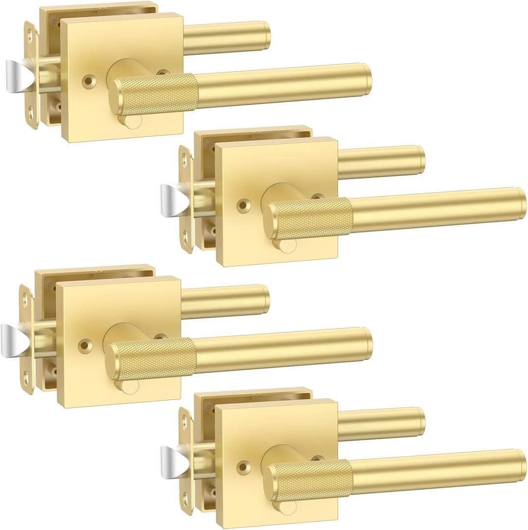 Asidrama 4 Pack Privacy Gold Door Handles, Door Lever with Door Knobs Indoor for Bedroom or Bathroom, Heavy Duty Brushed Gold Door Handles Interior with Locks for Left Right Sided Doors