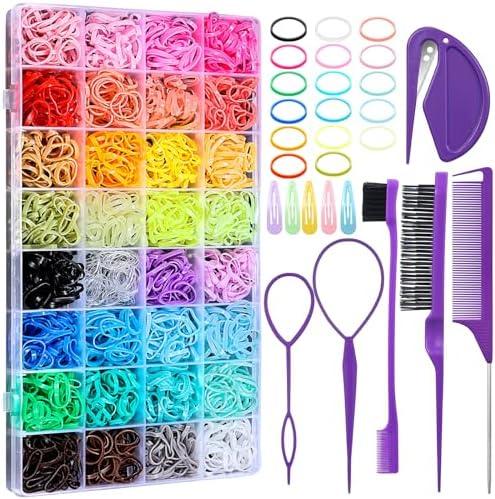 Auroray 32 Colors Small Hair Rubber Bands with 16 Styling Tools, 2000 Pcs Elastic Girl Baby Hair Ties, Mini Bands with Elastic Cutter, Hair Accessories Xmas Stuff for Girls Baby Toddlers Kids