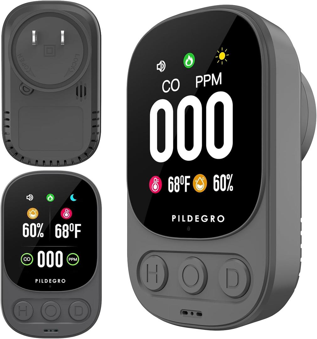 3-in-1 Carbon Monoxide Detector Plug-in, Professional 2.1" LED Plug-and-Play Real-Time CO Monitor with Temp & RH, Premium Portable Travel CO Alarm with 85dB Loud Alarm (Grey/Timeless)