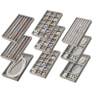 SPAKOWN Jewelry Drawer Organizer Inserts Set of 9, Velvet Jewelry Trays for Drawers, Storage for Earring, Ring, Necklace, Watch, Bracelet (Grey)