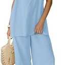 Yanekop Linen Sets for Women 2 Piece Pants Summer Outfits Matching Lounge Sets Spaghetti Strap Tank Top Pants Sets XL