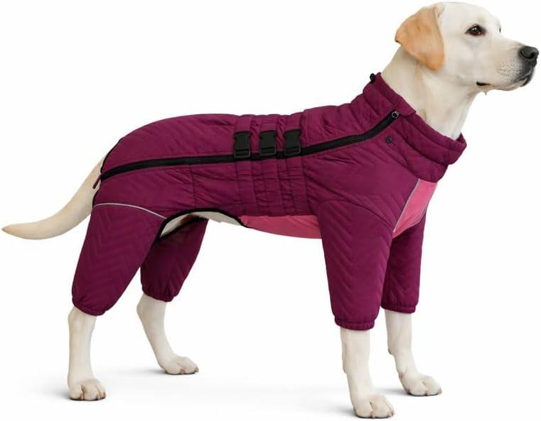 Warm Double Layers Dog Vest - 4 Legs Covered Windproof Waterproof Reflective Coat, Outdoor Skating Costume for Small Medium Large Dogs, Purple 4XL (Back 25")